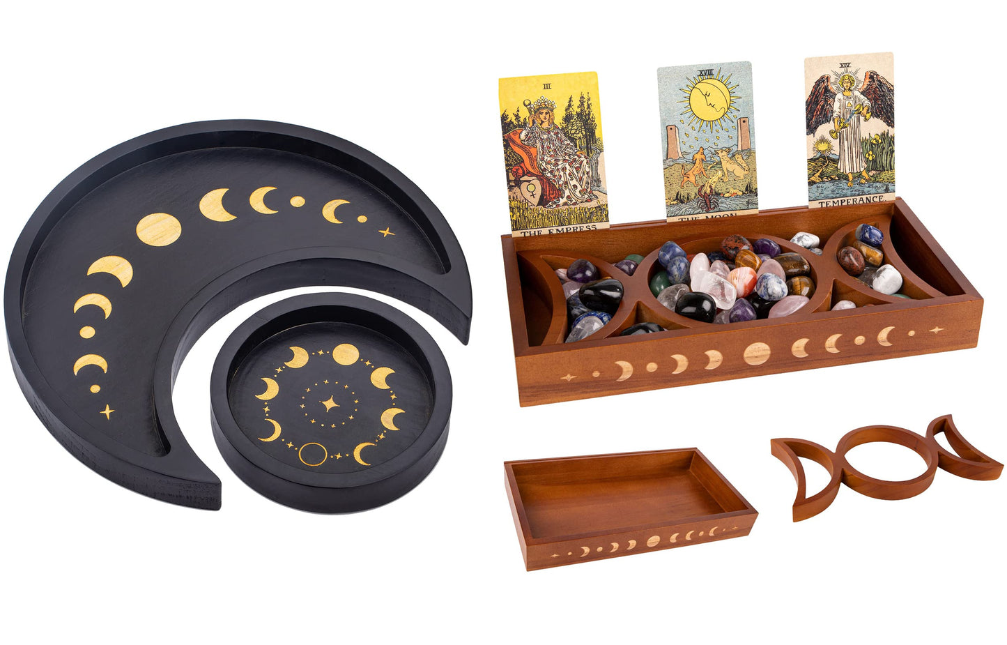 Moon Tray Crystal Holder Set, Wood Moon Phase Crystal Tray for Stones Display with Brown Tarot Card Holder, Witchcraft Crystal Organizer Bowl, Wiccan Altar Supplies