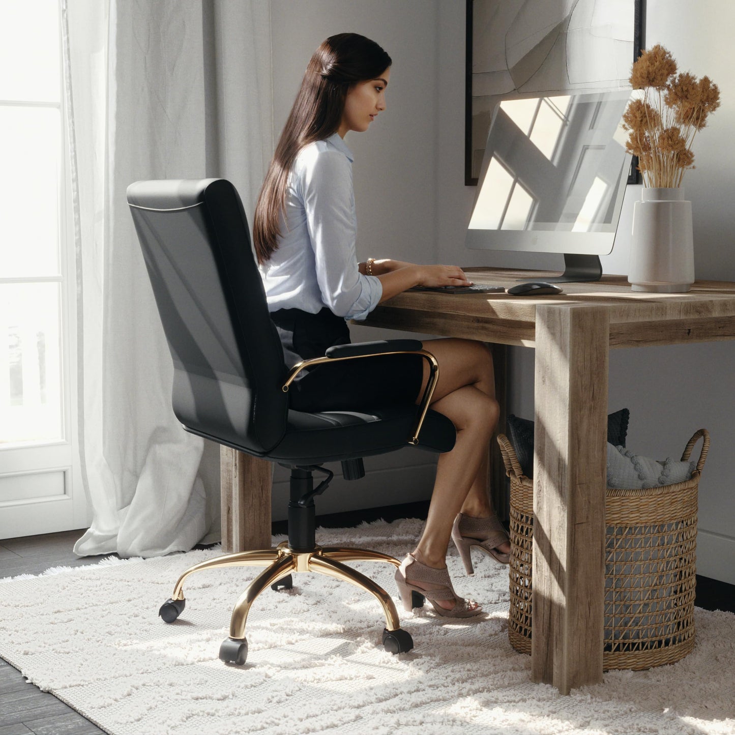 Flash Furniture Whitney Mid-Back Swivel LeatherSoft Desk Chair with Wheels, Padded Seat and Armrests, Adjustable Height Padded Office Chair, Black