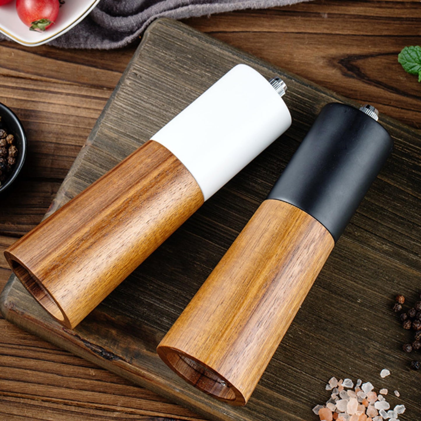 GCFTIFF Wooden Salt and Pepper Grinder Set,Crafted of Solid Acacia Wood with Ceramic Steel Core,Adjust for Customized Coarseness,Pepper Mill with Wooden Stand & Spoon(2pcs white + black,6 inches)
