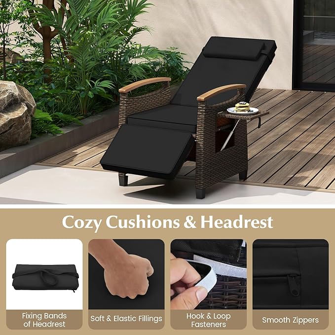 RELAX4LIFE Rattan Outdoor Recliner Chair - Wicker Chaise Lounge Chair w/Adjustable Back & Footrest, Acacia Wood Armrests, Flip Side Table, Cushion, Reclining Patio Chair for Pool Yard (1, Black)