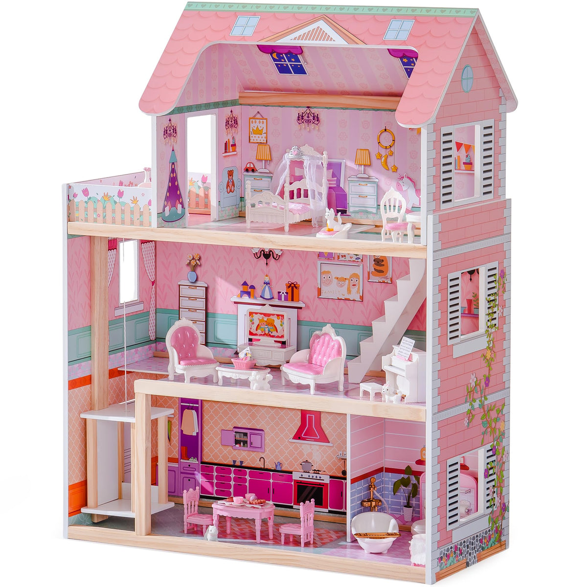 ROBUD Wooden Dollhouse, Doll House Playset with 24-pcs Exquisite Accessories, Working Elevator, Gift for Ages 3+