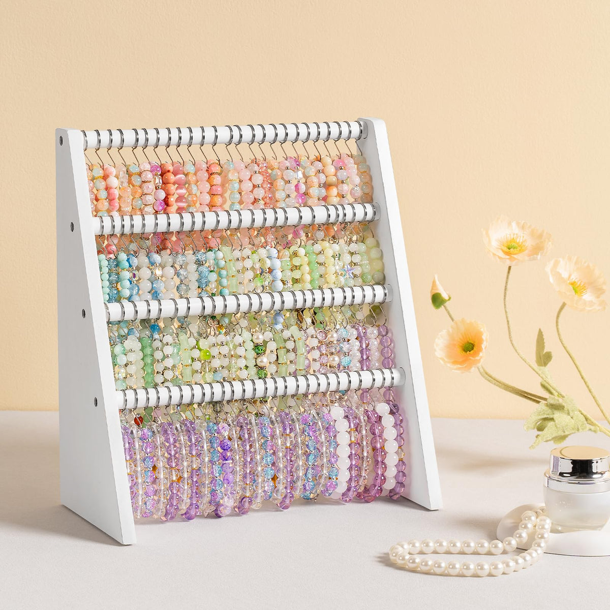 Bellaownia 4 Tier Bracelet Holder Stand with 100 Hooks, Wooden Bracelet Display Organizer Rack for Jewelry, Home, Vendors and Store Display (white)