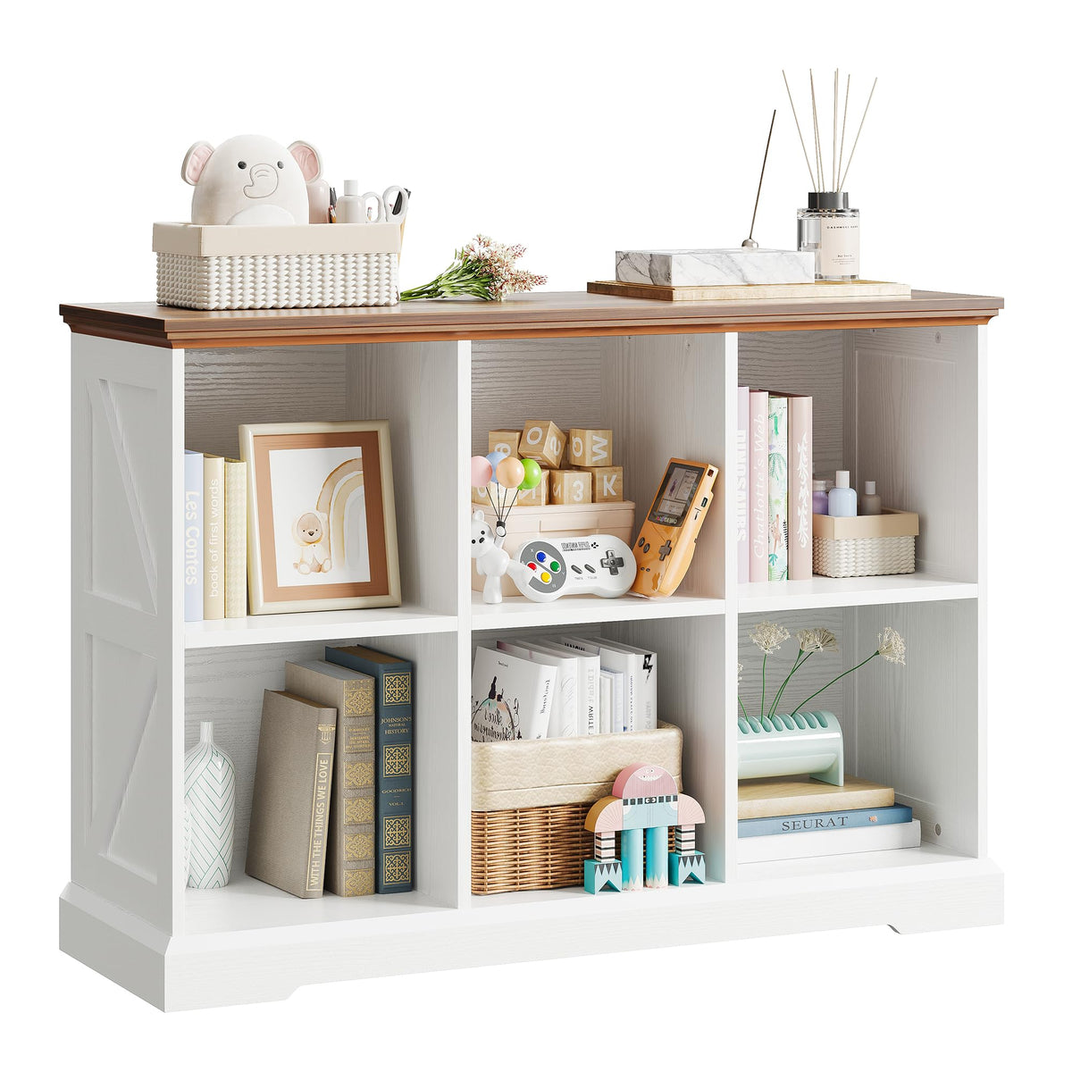 IRONCK 6 Cube Storage Organizer, Wooden Cube Shelf with Storage, Farmhouse Bookcase for Bedroom, Living Room and Home Office, White