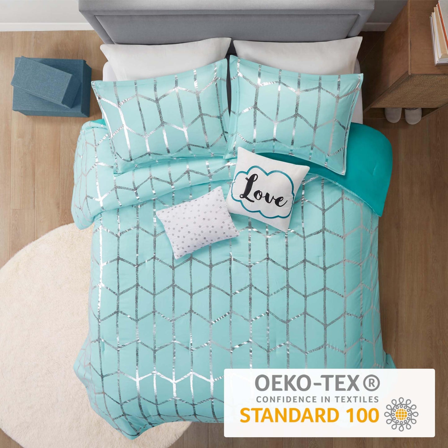 Intelligent Design Raina Full/Queen Comforter Set, Soft Microfiber, Modern Geometric Metallic Bed Set, 5 Pieces College Bedding with 2 Shams, 2 Toss Pillows Aqua/Silver