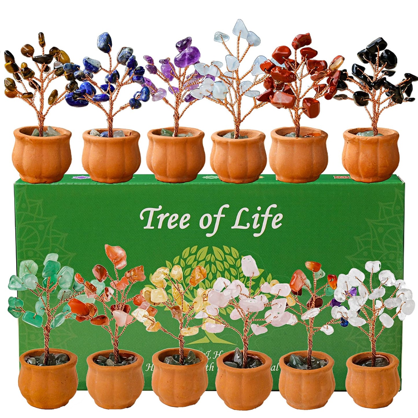 Runyangshi 12pcs Crystal Tree Set Tree of Life Natural Crystal Stones with Bonsai Base Gemstone Trees Fengshui Good Luck Positive Energy Home Decor