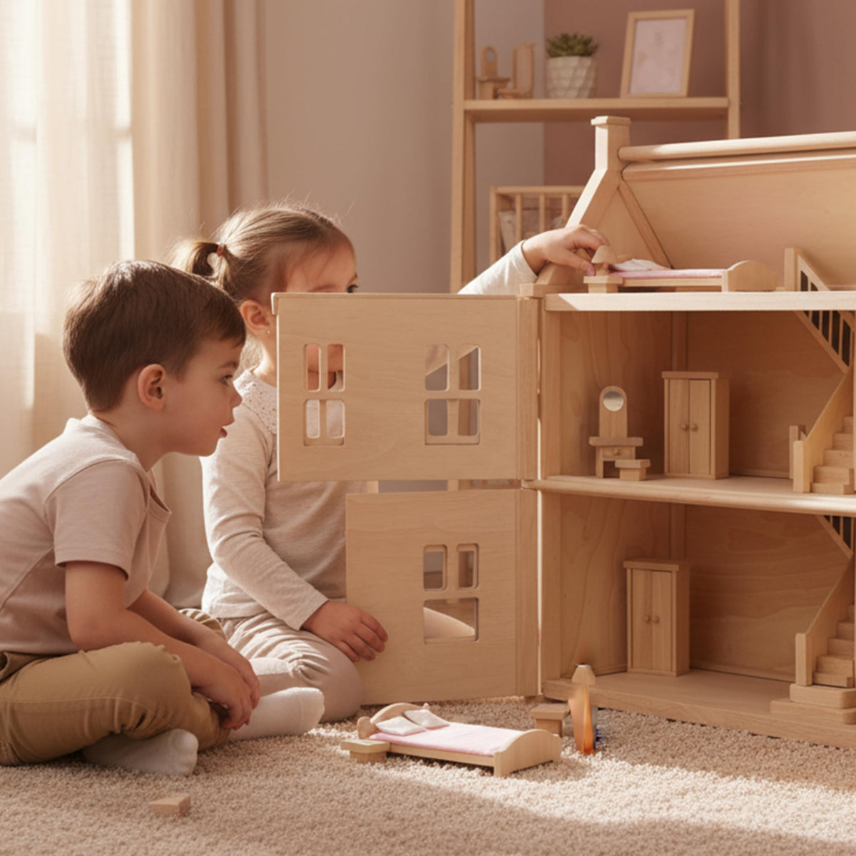 PlanToys® Classic Dollhouse Bedroom Furniture Set | Eco-Friendly Wooden Dollhouse Accessories for Kids | Includes Bed, Closet, Vanity, Chairs & Lamp | Pretend Play Montessori Toy