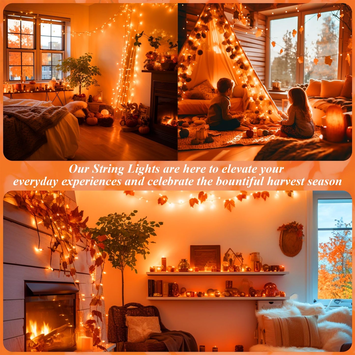 JMEXSUSS 66ft 200 LED Halloween Lights Outdoor Indoor, Connectable Orange String Lights Clear Wire, Fall Light Plug in for Fireplace Tree Garden Patio Thanksgiving Fall Halloween Decor