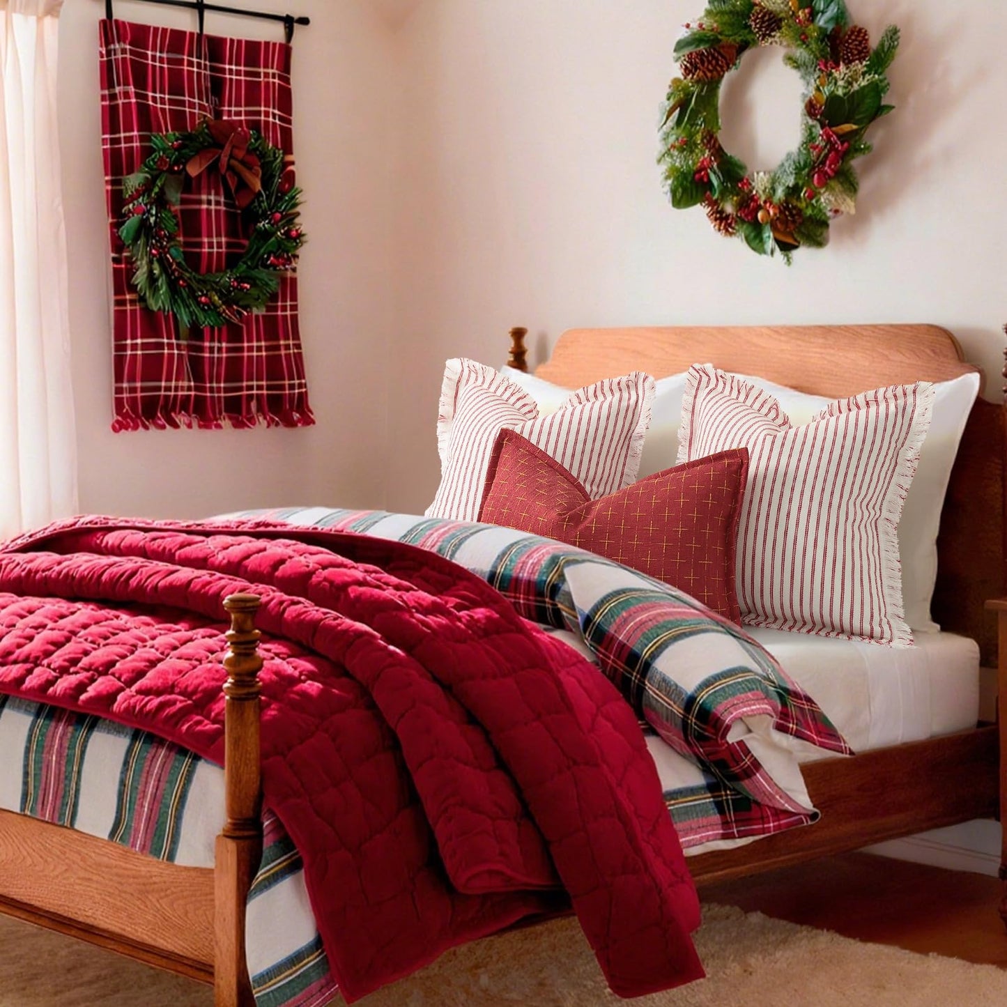 ZWJD Throw Christmas Pillow Covers 24x24 Set of 2 Striped Pillow Covers with Fringe Chic Cotton Decorative Pillows Square Cushion Covers for Sofa Couch Bed Living Room Farmhouse Decor