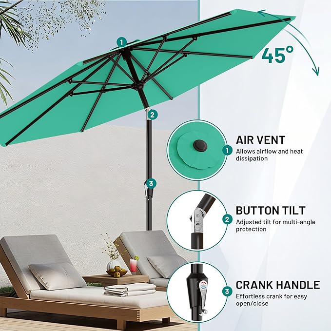 AreShark 9 FT Patio Umbrella for Outdoor, Outdoor Umbrella with Push Button Tilt and Crank, Outdoor Patio Umbrellas with 8 Sturdy Ribs for Market, Garden, Deck, Backyard, Pool (Peacock Blue)