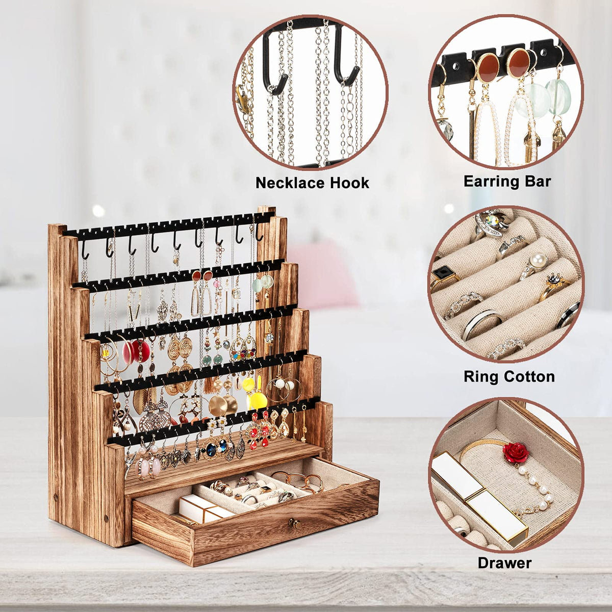 Pinzoveco Earring Organizer, 5 Layer Earring Holder Organizer with Necklace Holder Pole, Rustic Wood Jewelry Organizer Stand Display for Stud Earring Bracelet Necklace Ring, 175 Earring Holes