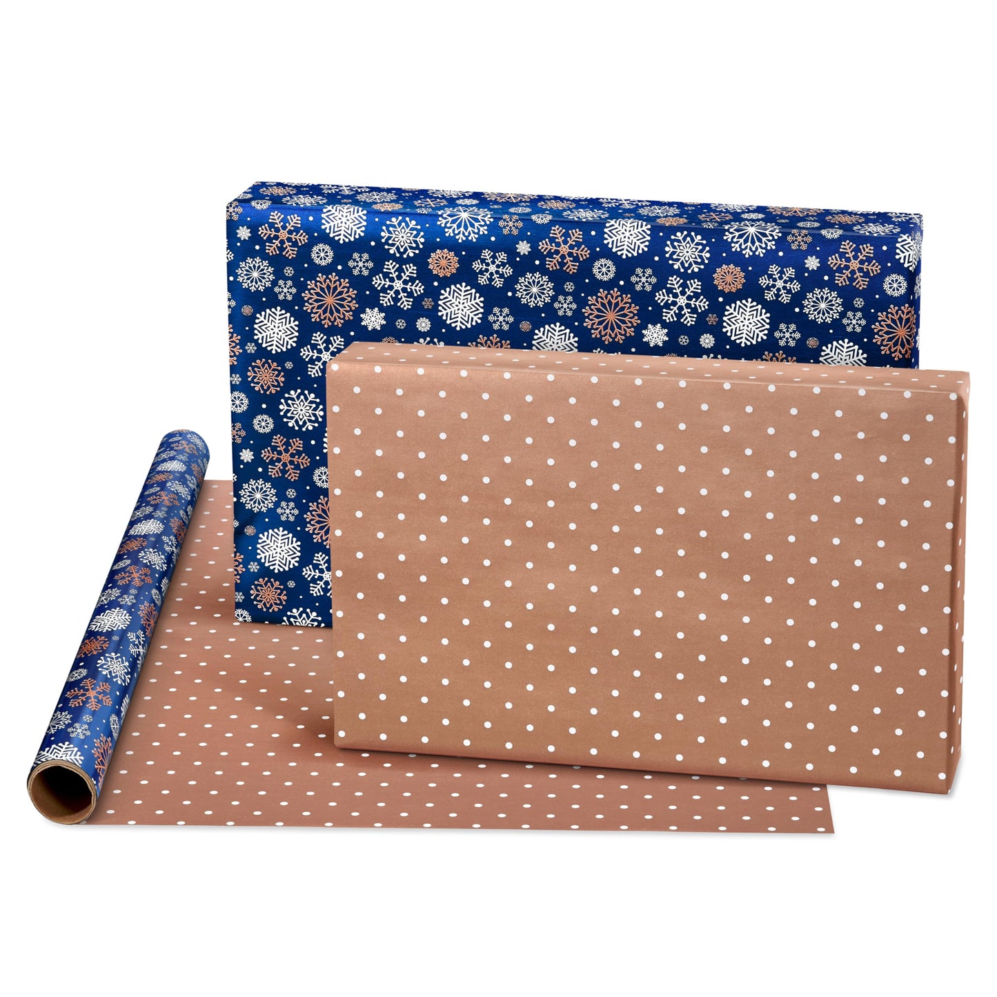 American Greetings Foil Christmas Wrapping Paper Rolls, Metallic Rose Gold and Navy Blue Holiday Gift Wrap (80 sq. ft., 4 Rolls-30 in. x 8 ft., Reversible) Snowflakes, Reindeer, Merry Christmas