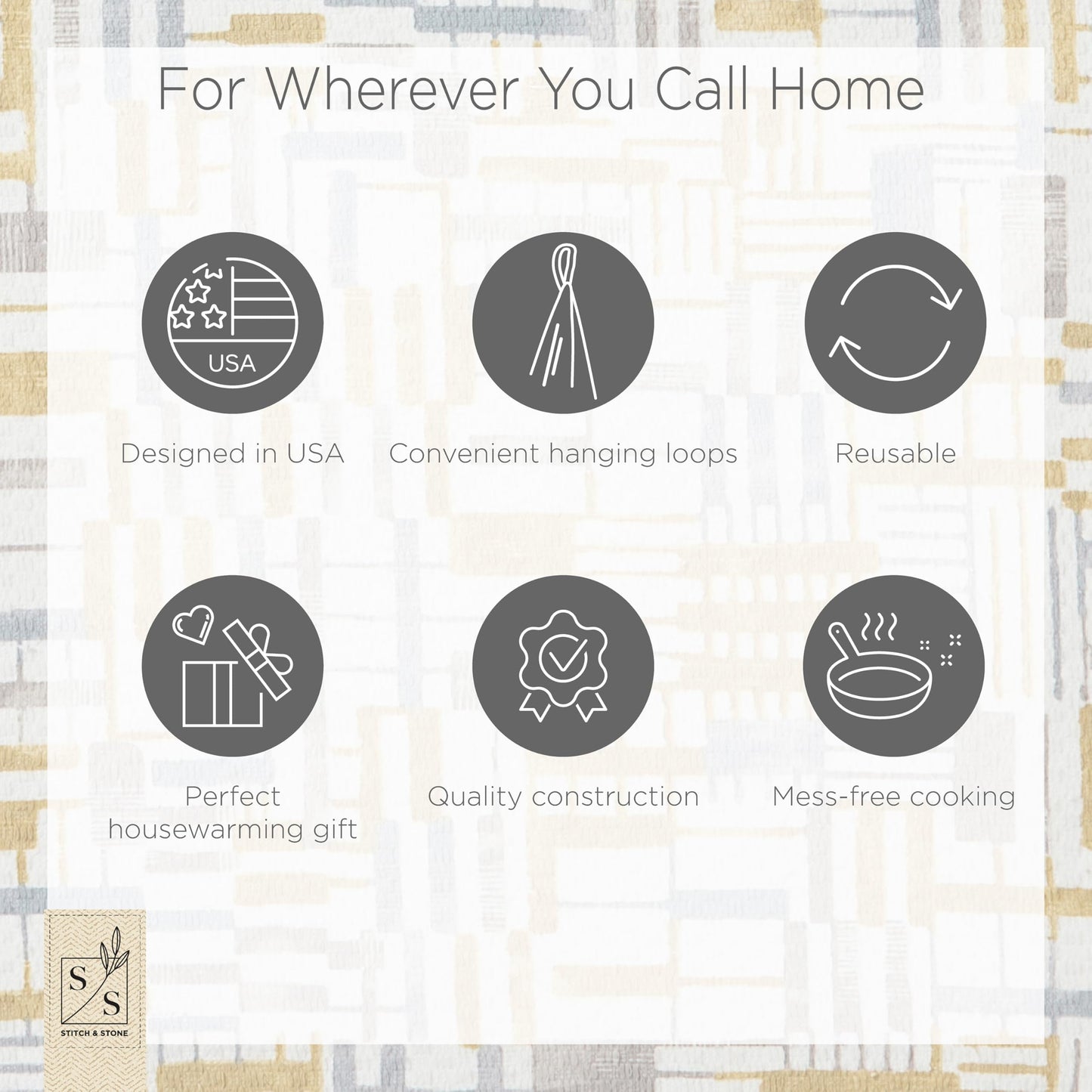 Stitch & Stone Welcome Home Kitchen Set - Multi Use with Quilted Pot Holder, Mitt, & Bowl Trivet, Cotton Kitchen Towel, Mat for Dish Drying, Hanging Towel, & Bowl Cover - Grey and Mustard Line