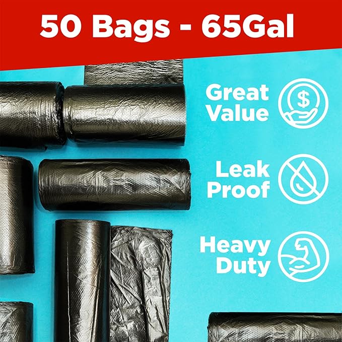 ToughBag 64-65 Gallon Trash Bags Heavy Duty, 50 x 48” Large Black Garbage Bags