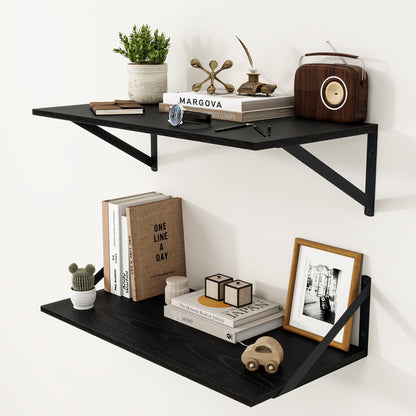 Heimlove Black Deep Floating Shelves for Wall, 24W x 12D Wood Wall Shelves Set of 2, Wide Floating Bookshelf for Living Room, Kitchen, Office, Bedroom and Decor Storage, with Metal Bracket - Black