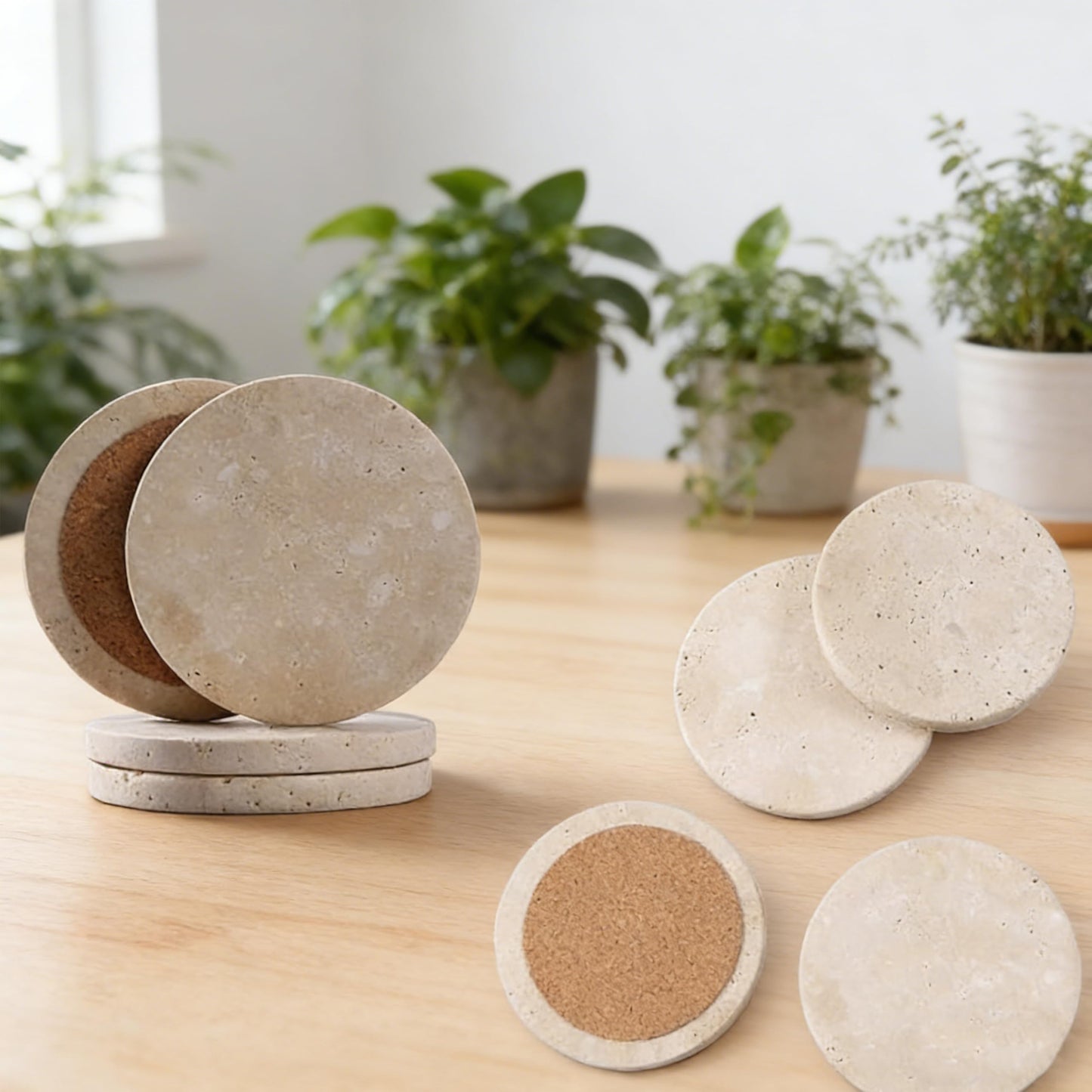 Travertine Stone Coasters, Set of 4, 4-Inch Round Protect Table Surfaces from Stains & Heat - Ideal Housewarming or Wedding Gift - Long-Lasting, Absorbent, and Modern for All Drinkware