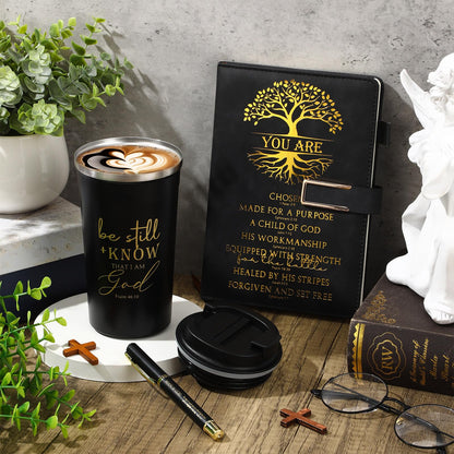Pickmesh 3Pcs Fathers Day Christian Gift for Men Man of God Prayer Leather Journal with Pen Coffee Cup Bible Study Kit for Graduation Birthday Coworker Pastor Church(Be Still & Know,Black)