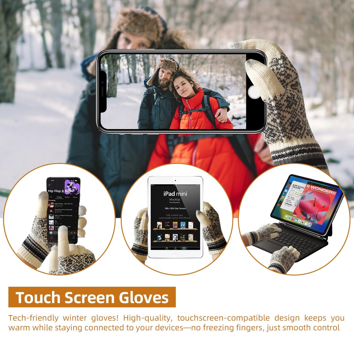 Winter Beanie Hat Long Scarf and Touchscreen Gloves for Women Fleece Lined Skull Cap Neck Scarves for Men 3Pcs