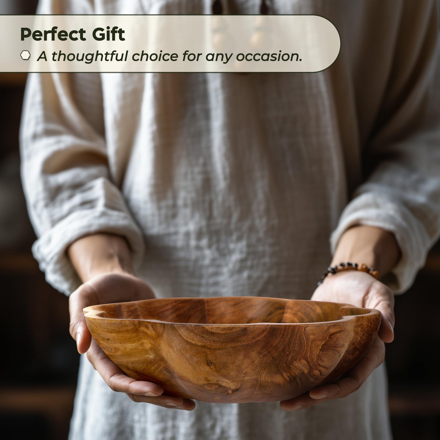 Spaceneat Wooden Fruit Bowl for Kitchen Counter - 11.8" x 3.2" Large Teak Wood Serving Bowl for Food, Salad, Bread or Home Decor - Handcrafted by Artisans in Indonesia - Dining Decorative Centerpiece