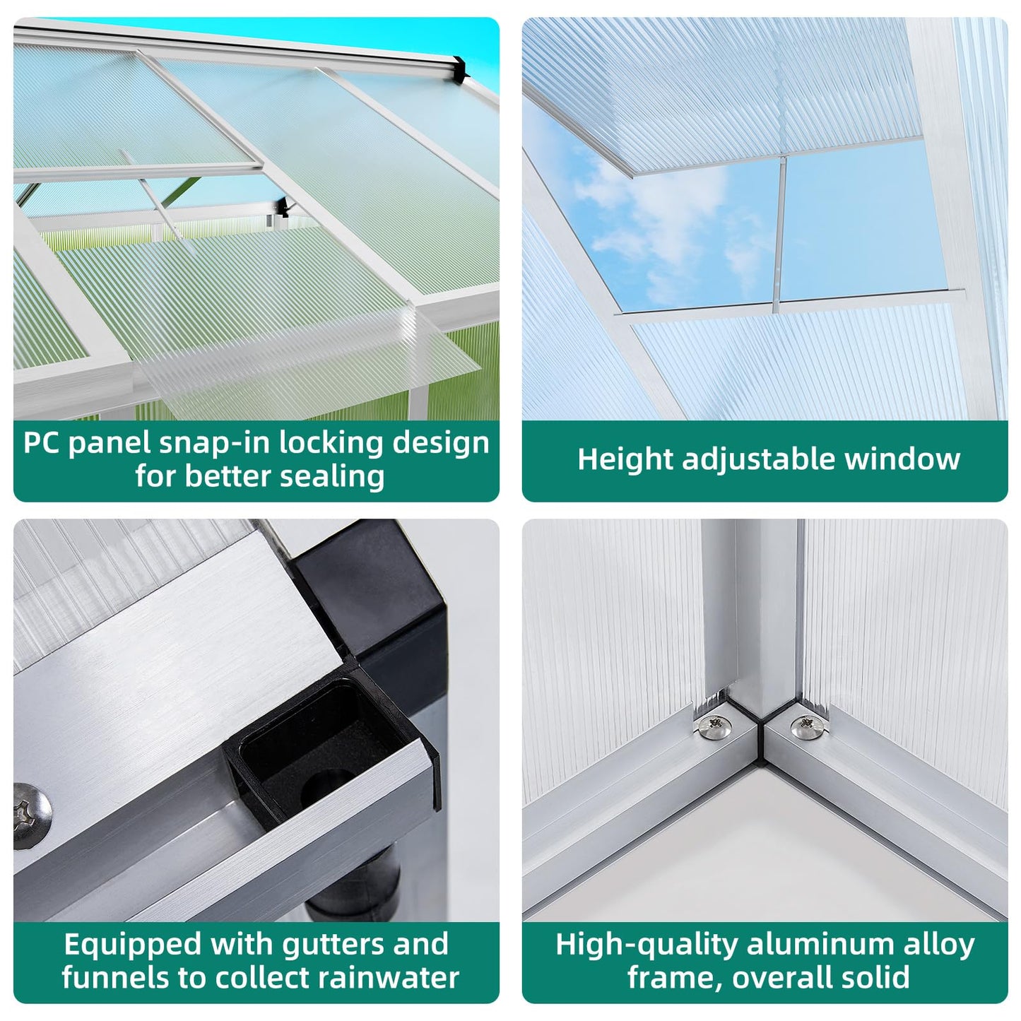 6x10 FT Greenhouse for Outdoors, Large Aluminum Greenhouses with Adjustable Roof Vent, Heavy Duty Greenhouse with Ground Nails, Walk-in Green Houses for Outside Garden, Backyard, Patio