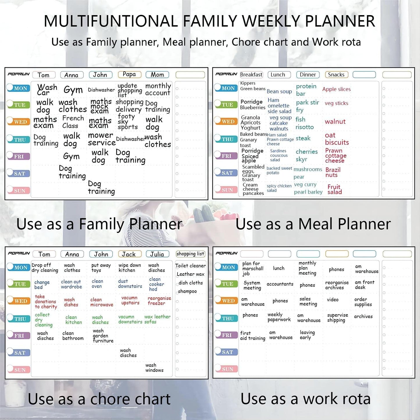 POPRUN Magnetic Weekly Family Planner Whiteboard Calendar for Fridge, A3 Meal Planner Board,Chores Chart for Family and Kids, Fridge Calendar Monday to Sunday, Dry Erase Board for Menu,Memo 43 x 28 cm