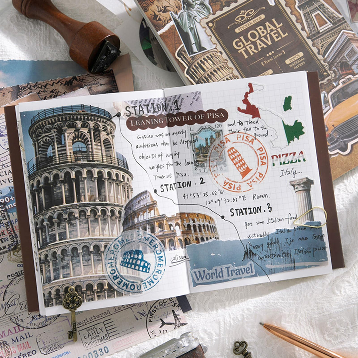 Vintage Scrapbook Stickers, Aesthetic Global Travel Sticker Book for Scrapbooking with 320+ Washi Stickers and 20 Scrapbook Papers, Journaling Supplies, Ephemera for Junk Journals DIY Arts Crafts