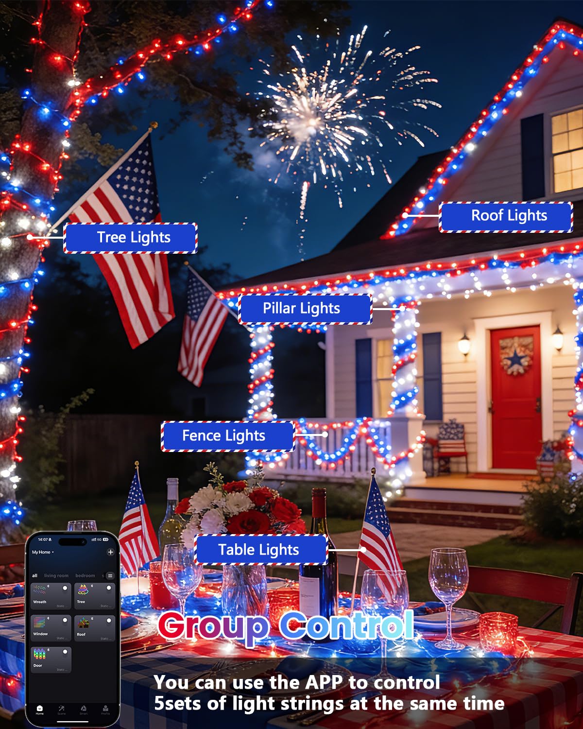 200LED Smart 4th of July String Lights | 82FT App Controlled Red White and Blue American Flag Lights, Waterproof Patriotic RGB Color Changing String Lights with Remote & Timer Outdoor for Memory Day
