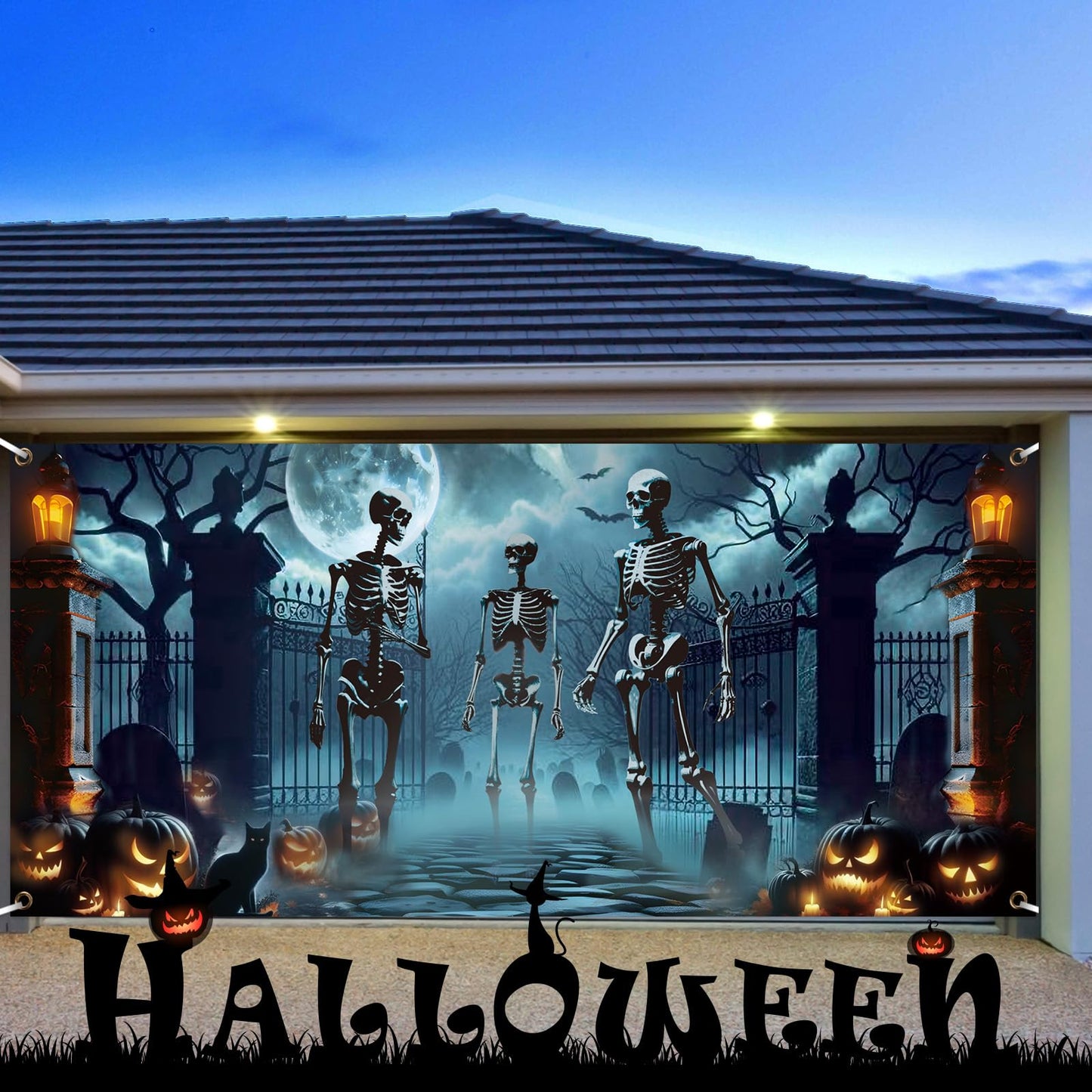 Preboun Halloween Garage Door Decorations Skeleton Halloween Hanging Garage Door Cover Banner Backdrop Mural for Home Outdoor Indoor Spooky Party Wall Window Yard, 7 x 16 ft