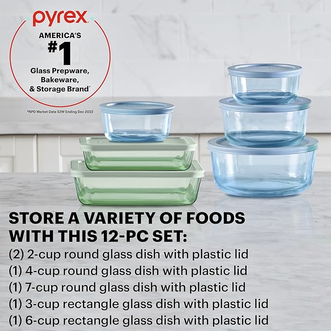 Pyrex Colors Tinted Small/Medium/Large Food Storage Container Set, Snug Fit