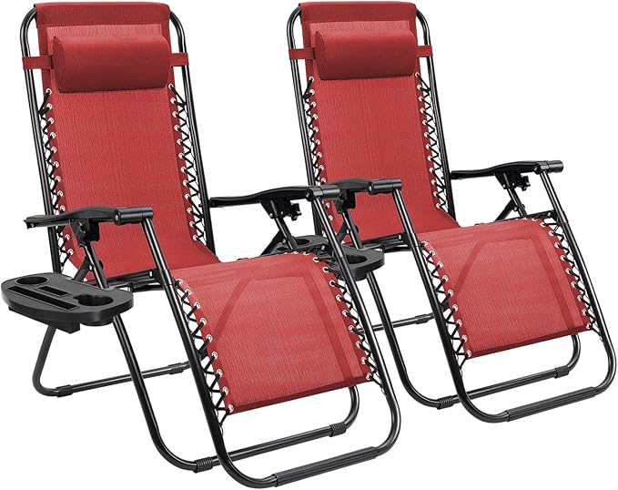 Homall Zero Gravity Patio Folding Lawn Reclining Lounge Chairs Outdoor Gravity Camp Chairs with Cup Holder Pillows for Poolside Backyard and Beach Set of 2 (Red)