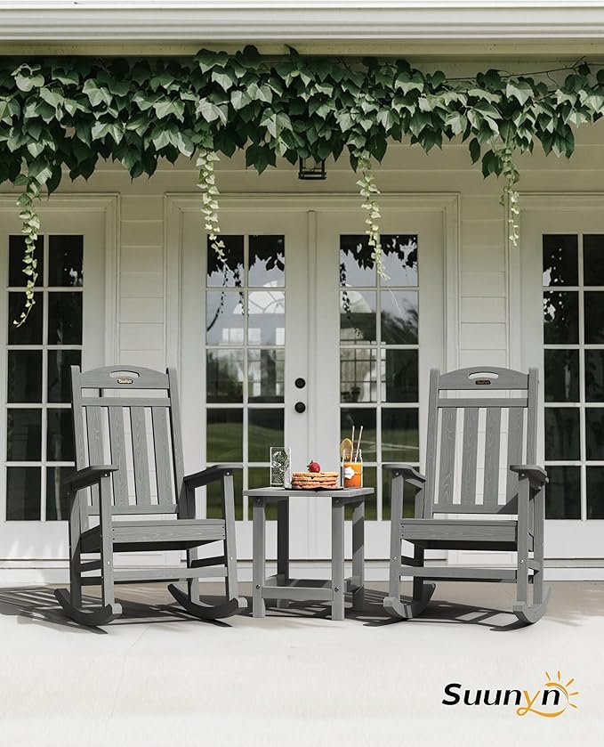 Oversized Outdoor Rocking Chairs Set of 2, High Back Porch Rocker Chair, HDPE Rocking Chairs for Patio, Living Room, Light Grey