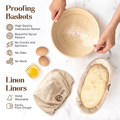 ABIOTO Sourdough Bread Baking Supplies and Bread Proofing Baskets - 9" Round & 10" Oval Indonesian Rattan Baskets, Liners, Danish Whisk, Bread Lame & Scrapers - 14 Piece Bread Making Kit for Beginners