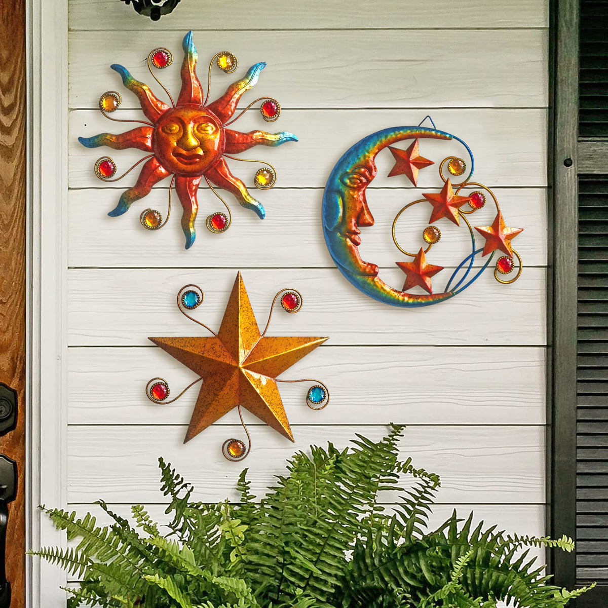 Limygus Set of 3 Celestial Sun Moon Star Metal Silhouette Wall Art, Waterproof Hanging Decor for Home Bedroom Bathroom Office