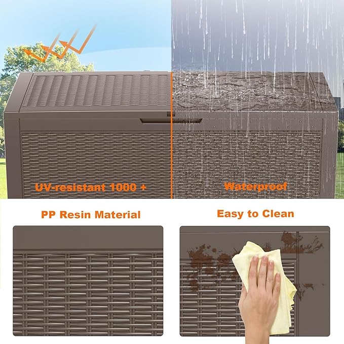 ROJIK Outdoor Storage Housing Deck Box - Waterproof Patio Furniture, Garden Tools, Cushions, Pool Accessories Storage Bench with Lockable Lid and Side Handles (Grey 110 Gal)