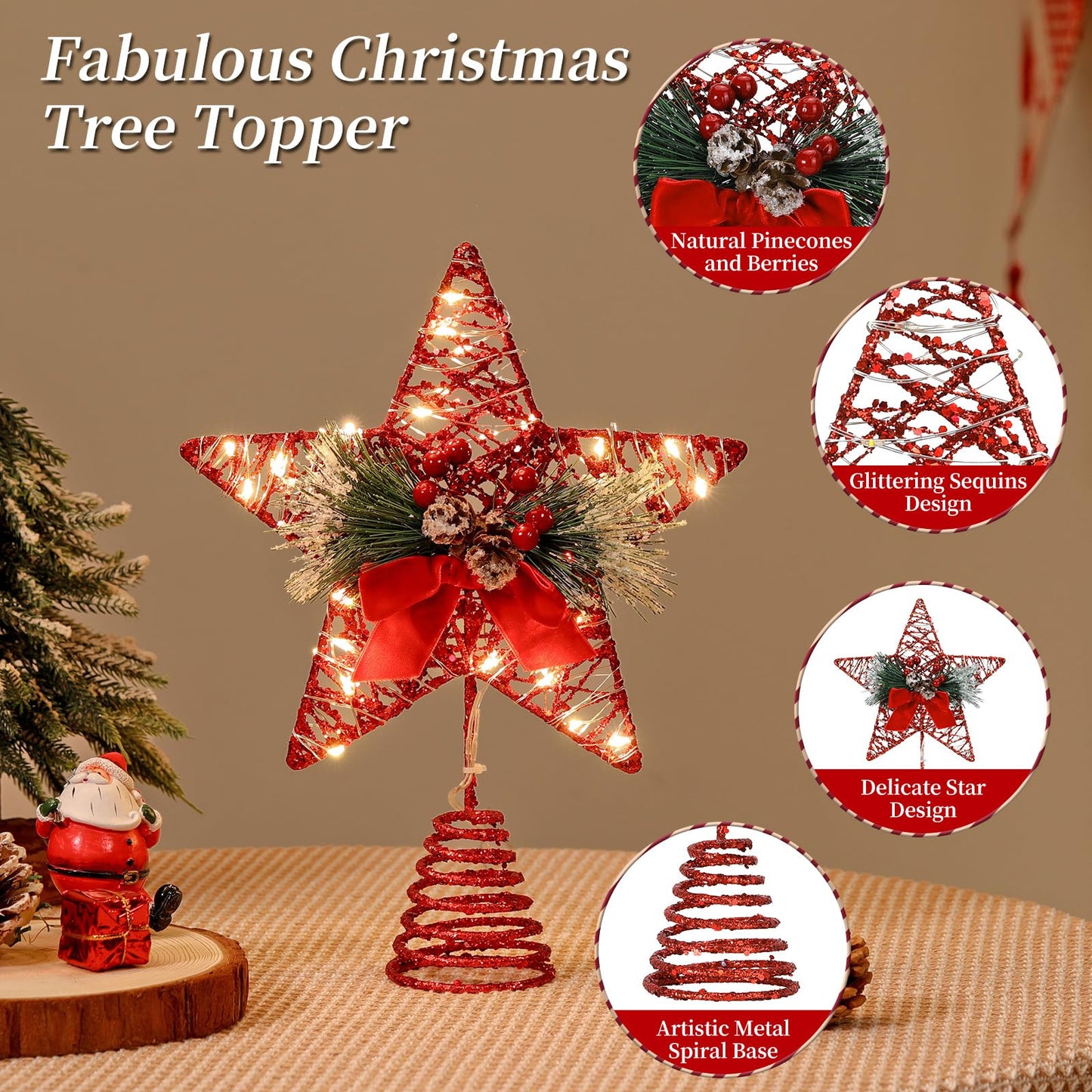 Lewondr Christmas Tree Topper, 8'' Small Metal Christmas Star Tree Topper with Pine Leaves and Bow, 30 LED Bulbs, 6H Timer, 8 Light Modes, USB & Remote Control Star Treetop for Home Xmas Decor, Red