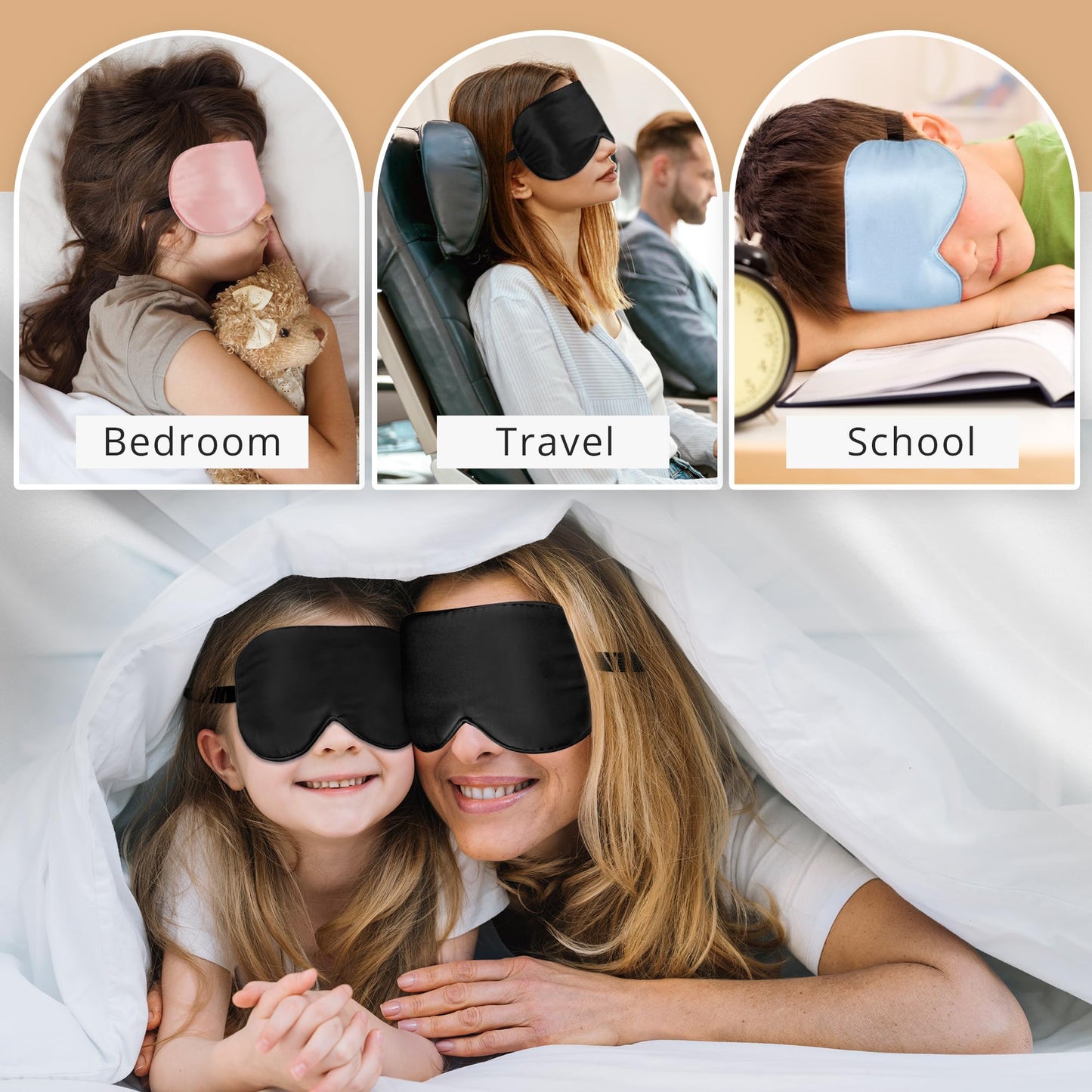 Kids Sleep Mask Eye Cover, 100% Real Natural Pure Silk Eye Mask with Adjustable Strap, Blindfold Kids Eye Mask for Sleeping, Eye Shade for Boys Girls and Adult, Pressure-Free Comfort (Black)