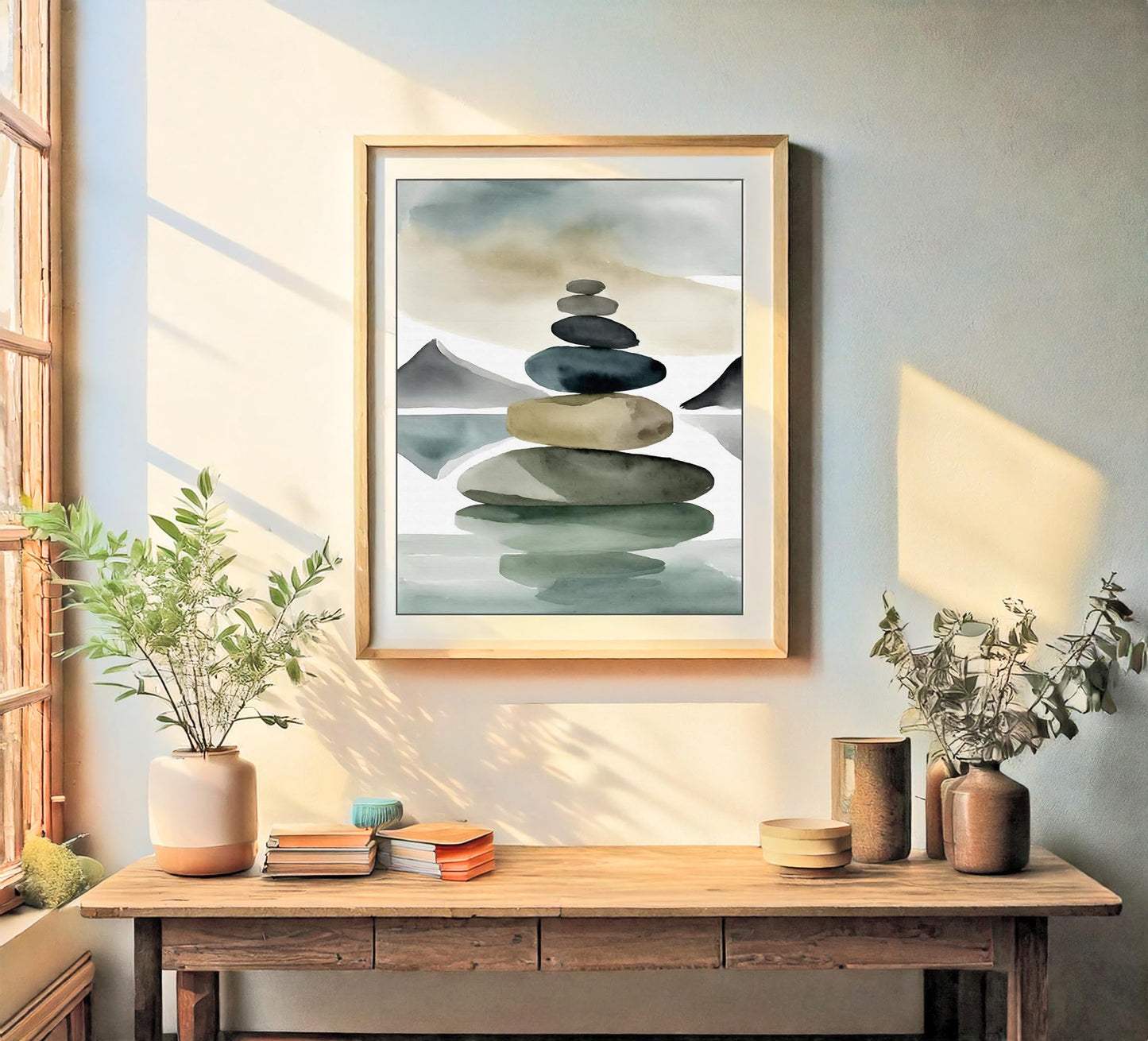 Watercolor Balancing Stones Stacked Illustration Art Print for Yoga Studio Serenity Display, Mint Green Meditation Room Harmony Accent, Beach House Home Office Bedroom Living Area Nursery Dorm Wall Art, Young Yogi Meditator Wellness Enthusiast Teacher Gif