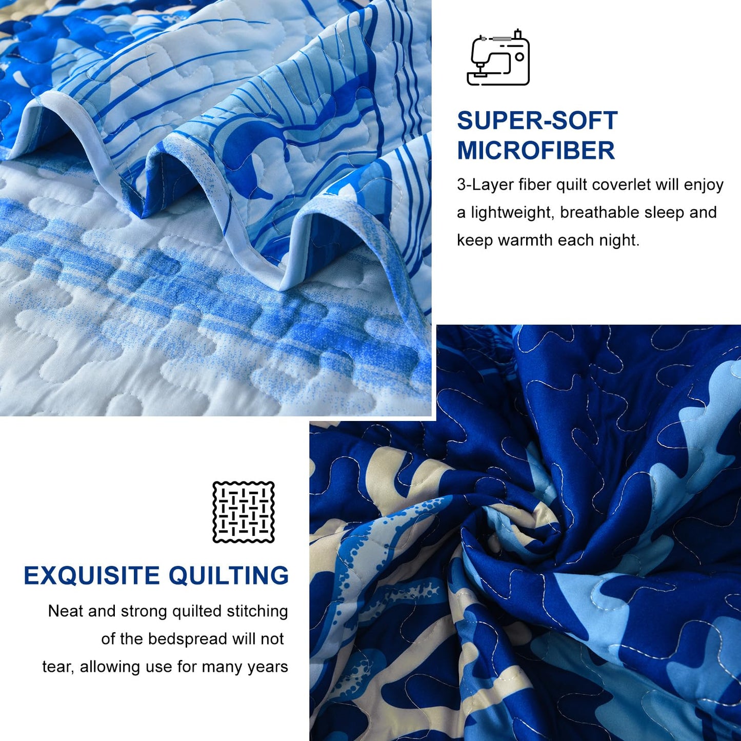 DJY Coastal Quilt Set Queen Size 3 Piece, Beach Theme Pattern Quilted Blanket Thin Reversible Microfiber Bedding Lightweight Soft Bedspread Coverlet Sets for All Season (1 Quilt, 2 Pillow Shams)