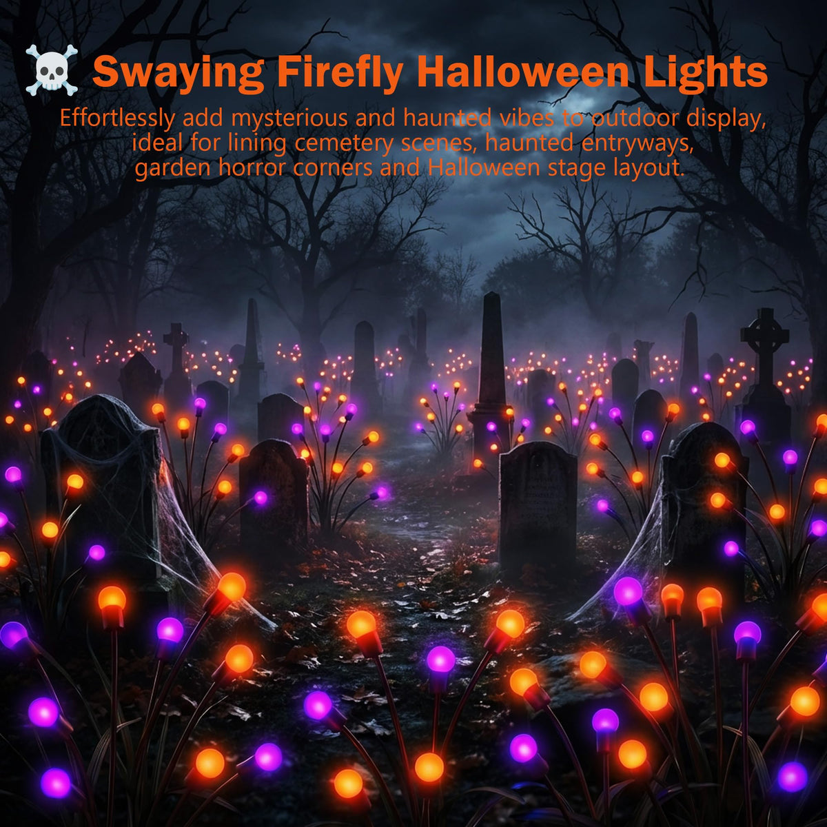 Sukesou Halloween Firefly Solar Lights, 2 Pack 6 LED Orange Purple Swaying Pathway Lights, IP65 Waterproof Auto Dusk to Dawn Outdoor Landscape Lights for Yard Patio Lawn Party Decor