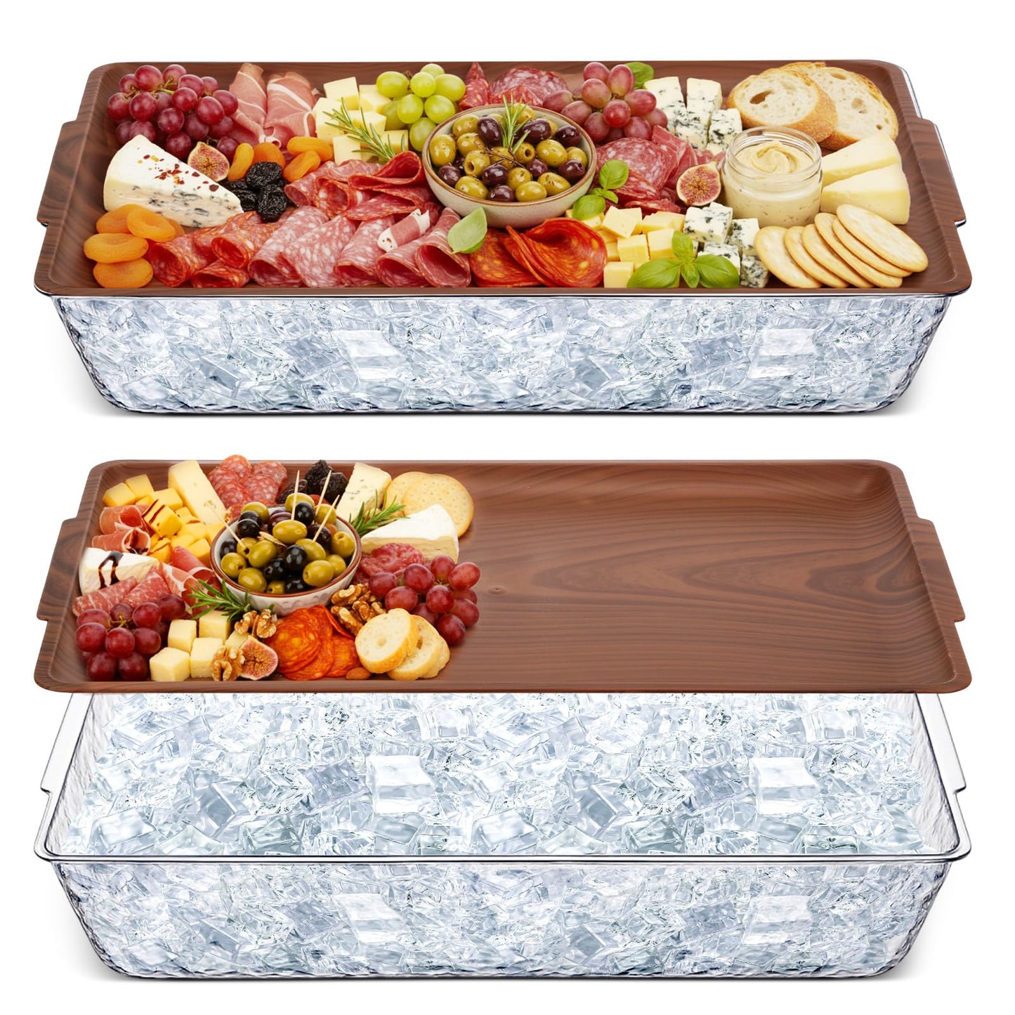 Baderke 2 Set 16" x 9" Plastic Chilled Serving Tray for Parties with Compartments Ice Chilled Party Platter Charcuterie Serving Board Cold Dish Dip for Fruit Seafood Vegetable Appetizer (Dark Wood)