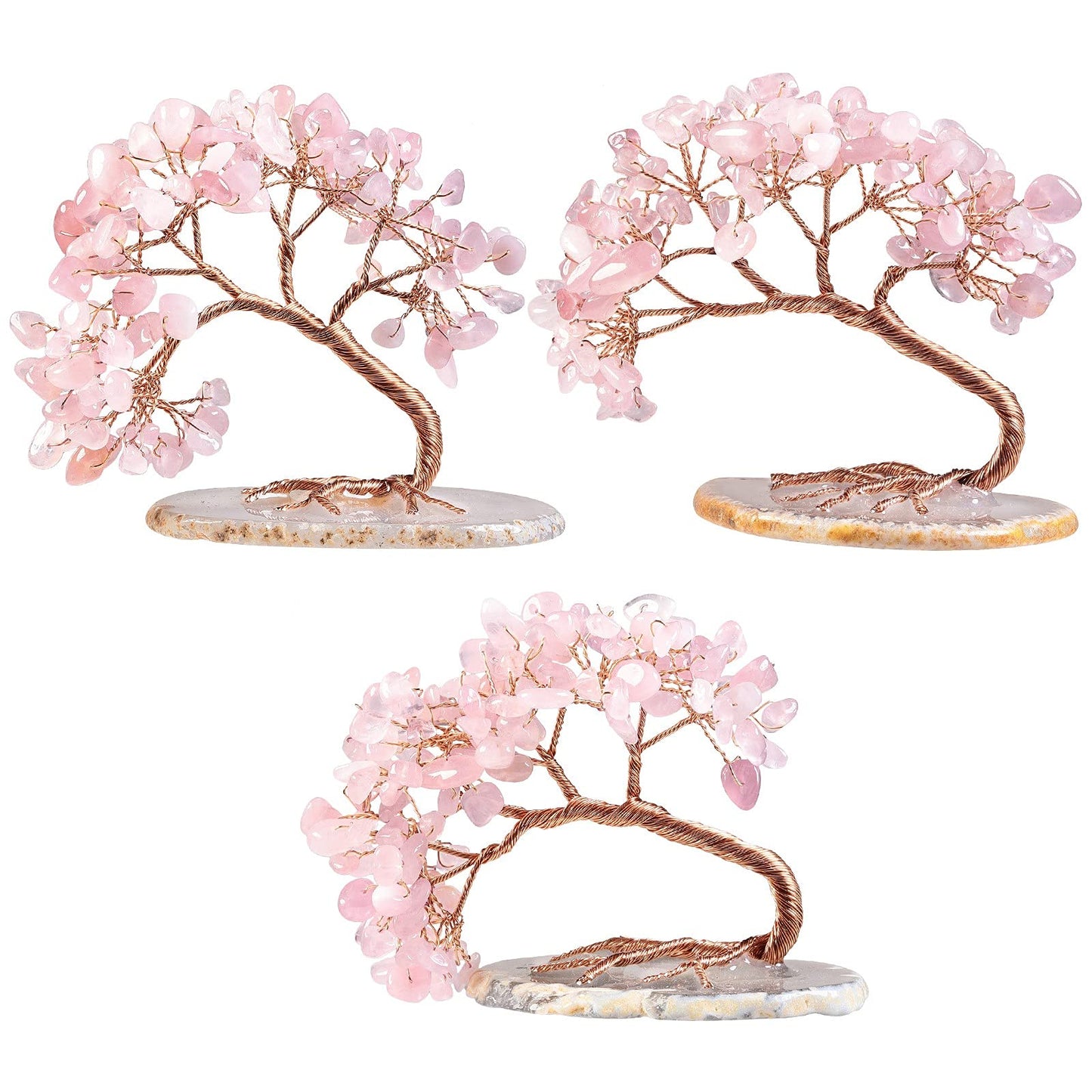 TUMBEELLUWA Reiki Crystal Money Tree with Agate Slice Base Feng Shui Stone Bonsai Tree Figure Decor for Happiness Good Luck and Wealth, Rose Quartz