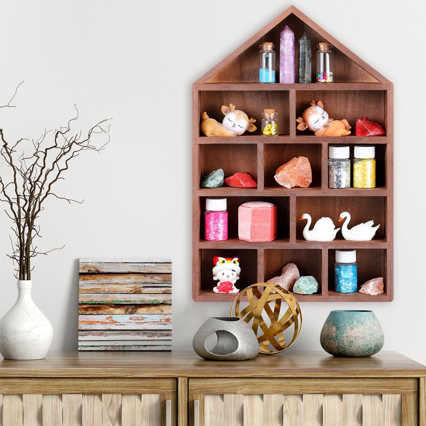 Threehoney House Shaped Wooden Shadow Cubby Box 10 W x 2 1/4 D x 15 H Hanging Display Shelf Organizer Wall Mounted Curio Cabinet Wooden Display Case Miniature Shelf for Figures (Brown)
