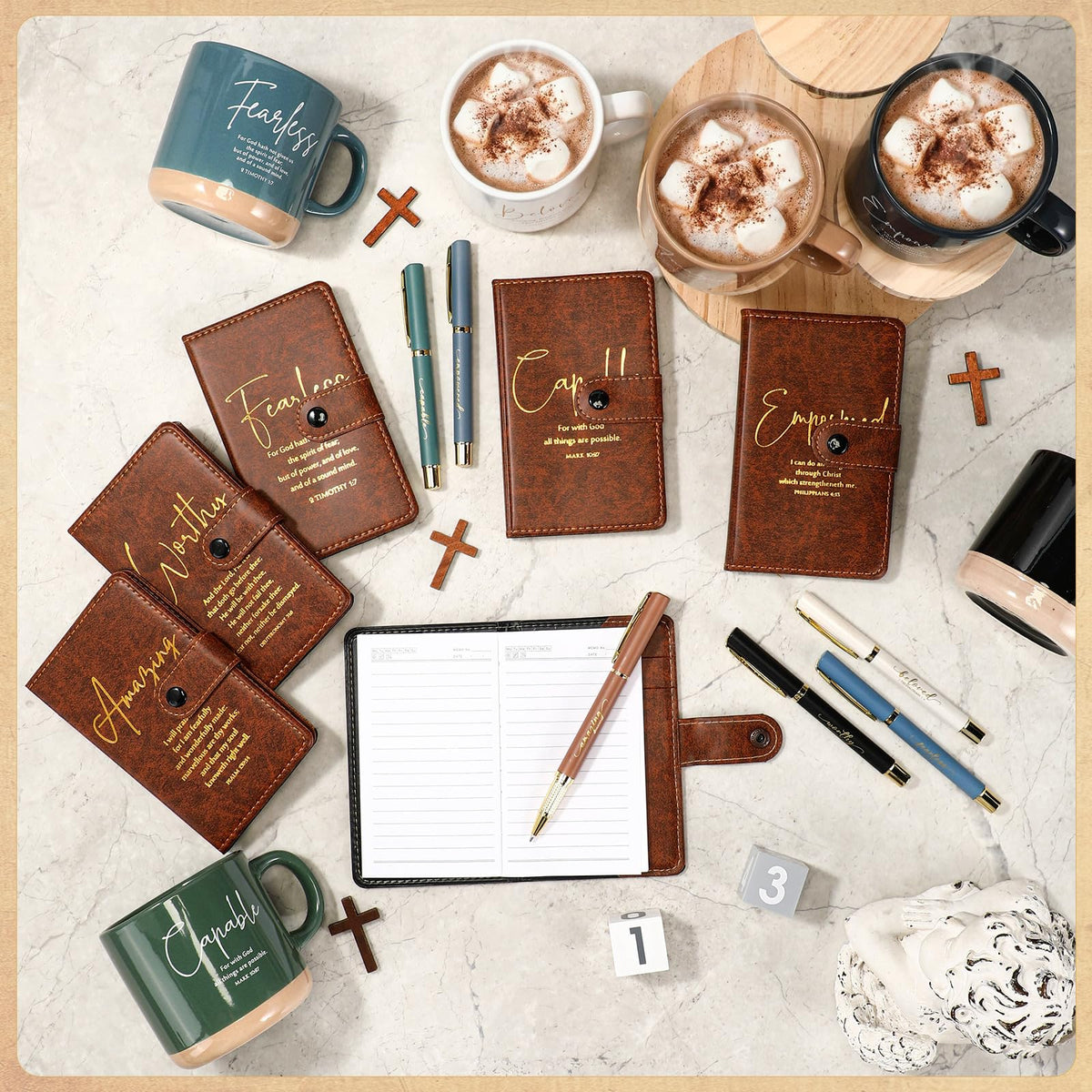 Potchen 18 Pcs Christian Gift Set for Women Men, 13oz Bible Verse Ceramic Coffee Mugs with Leather Journal Pen Inspirational Religious Gifts for Office Coworkers Pastor Church (Bible,Neutral Brown)