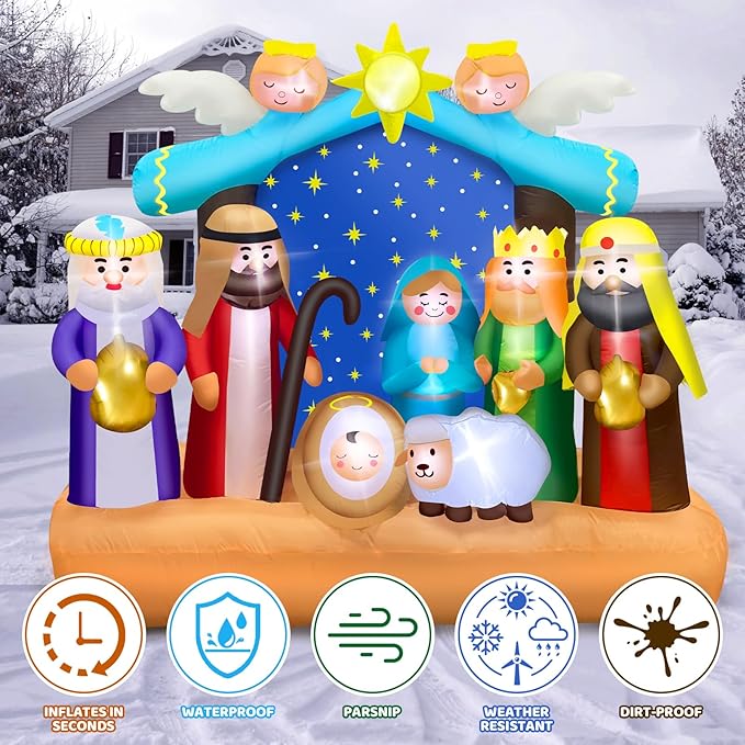 6.8 FT Christmas Inflatable Nativity Scene Outdoor with Build-in LED Lights, Large Christian Inflatables Decor Nativity Blow Up with Star Decoration for Indoor, Outdoor Holiday Garden Lawn