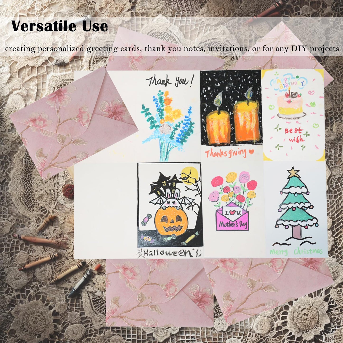 Vintage Floral Envelopes - Set of 15, Perfect for Letters, Invitations, Greeting Cards, and DIY Crafts, Includes 15 recycled paper blank cards(Pink)