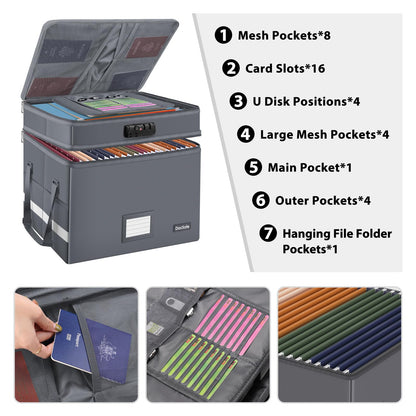 DocSafe File Box with Lock,Multi-Layer Fireproof Document Box Collapsible File Storage Organizer with Pockets/Handle,Large Portable Home Office Filing Box for Hanging Letter/Legal Size Folders,Gray
