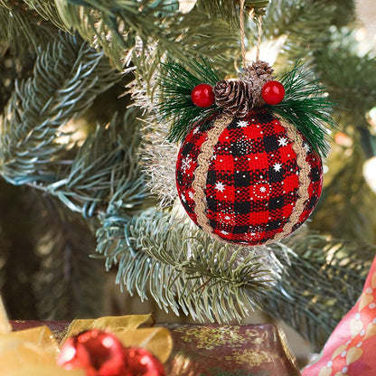 Iceyyyy 6PCS Christmas Plaid Ball Ornaments - 2 Inch Black & Red Buffalo Plaid Fabric Ball Ornaments with Pine Cones and Greenery, Plaid Christmas Tree Hanging Ball Ornaments Festive Decoration