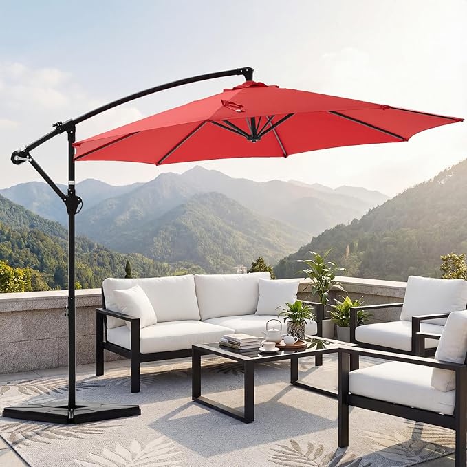 OLIXIS 9.7FT Offset Patio Umbrella with Base, Cantilever Table Umbrellas for Outdoor Sun Shade UV Protection with Easy Tilt Adjustment, 8 Ribs for Backyard, Lawn, Garden, Pool - Red