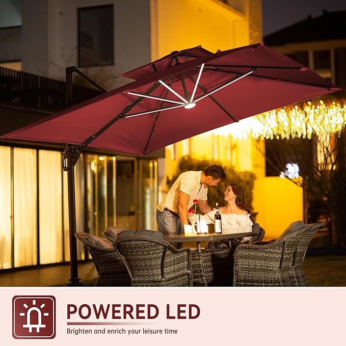 10 X 13 FT Cantilever Outdoor Patio Umbrella with Led Lights Large Heavy Duty 360° Rotation Double Top Offset Rectangular Umbrellas for Backyard Garden Pool Outside Deck, Red