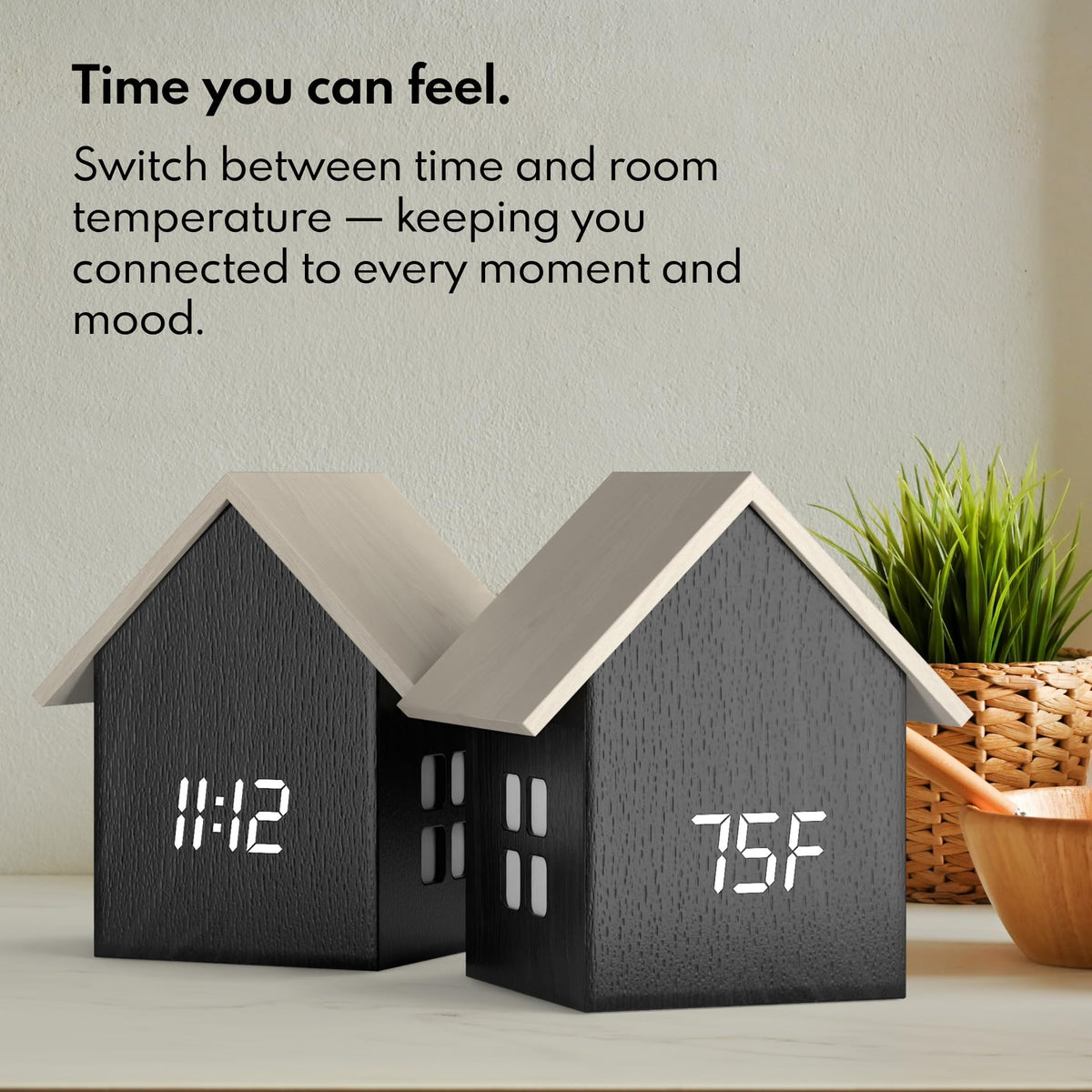Driini Digital House Shaped Alarm Clock with Temperature Display (Dark Wood) – Modern Aesthetic with Cute Cube Frame and White LED Dimmer - Perfect Small Desk Clock for Bedside Table or Bedroom Mantle