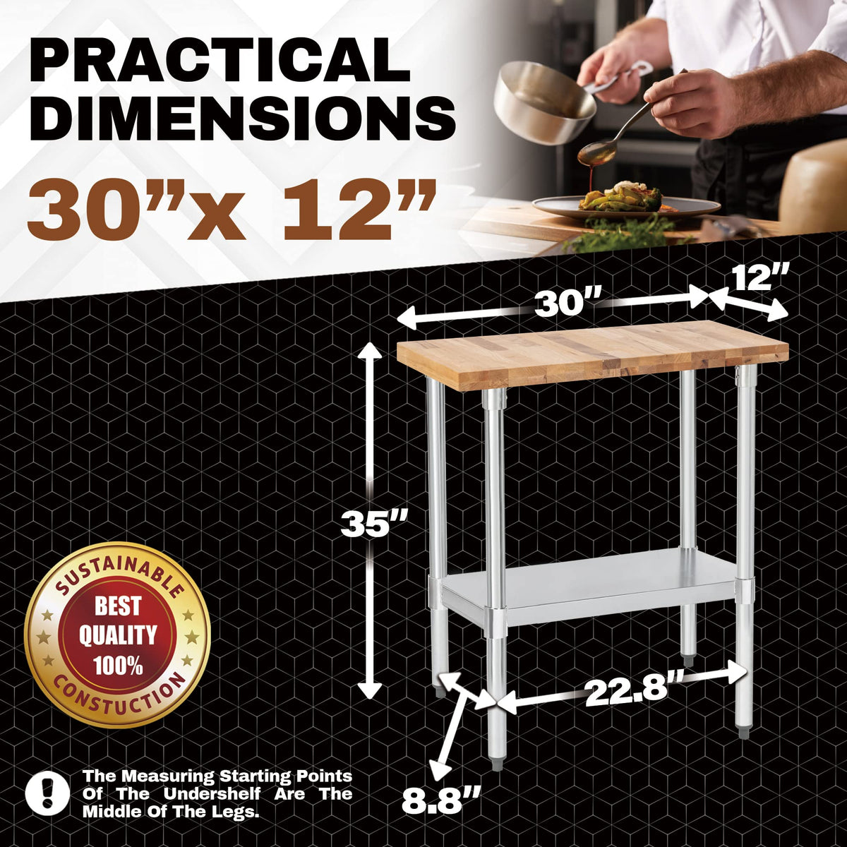 DuraSteel US Maple Top Work Table - 30 x 12 x 35 Inch Commercial Butcher Block Wooden Workbench with Adjustable Lower Shelf - Fits Restaurant, Warehouse, Home, Kitchen, Garage